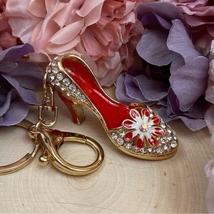Red Flower Crystal High Heel Pump Keychain Charm